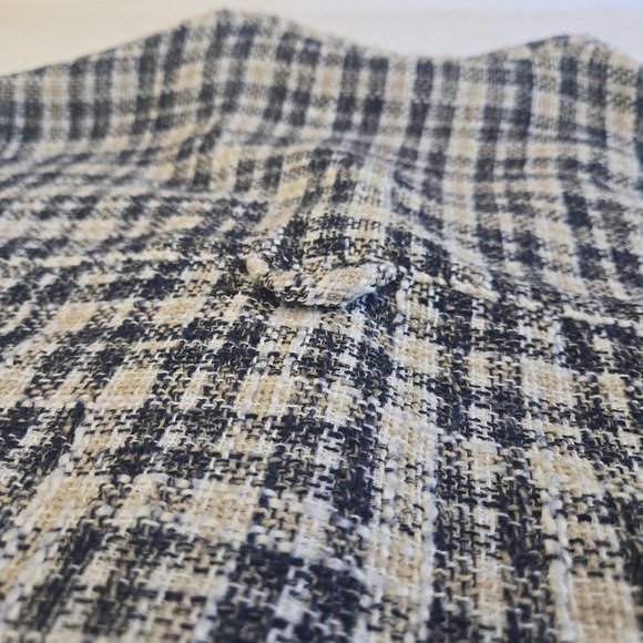 Zara Tweed Plaid Cropped Jacket Button Up Collared Navy Cream Frayed Hem Small - Picture 13 of 16